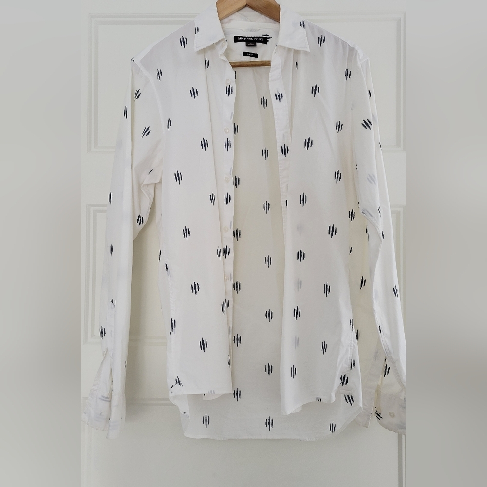 White Button-Up Shirt with Black Pattern